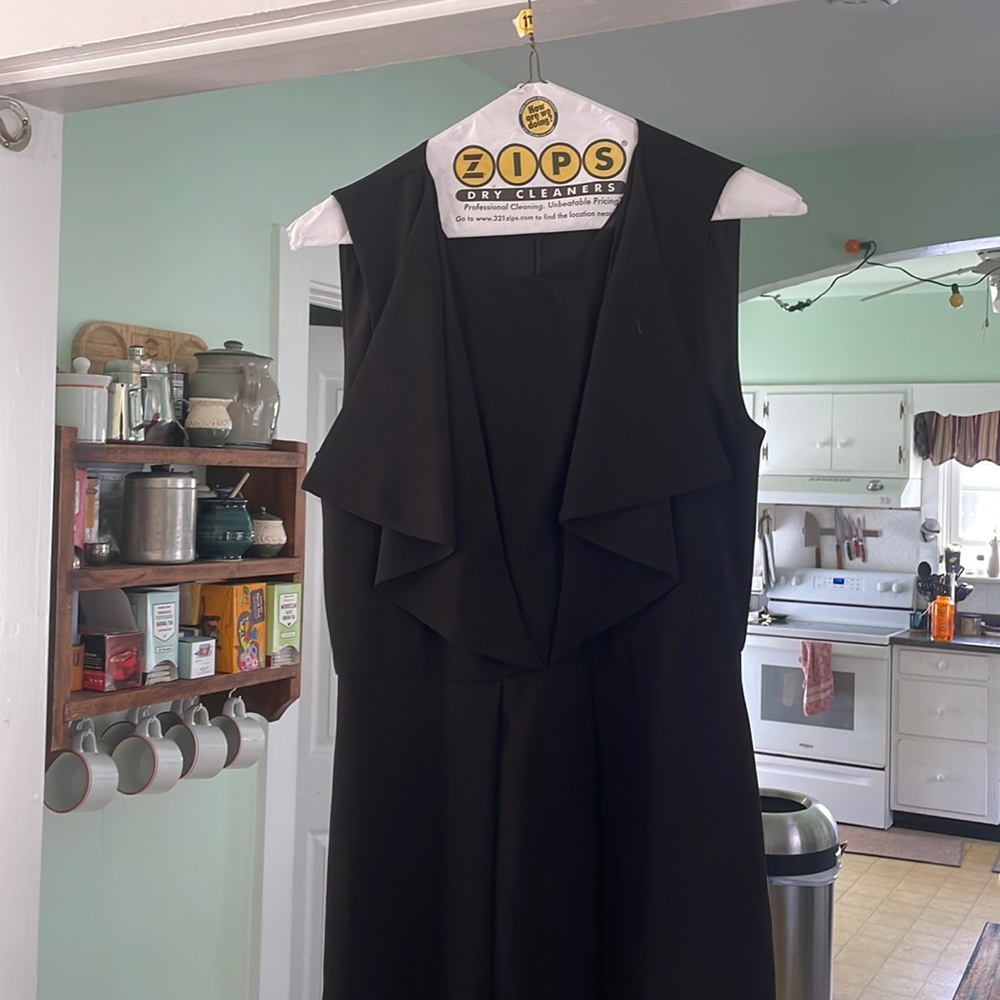 BCBG High low petite black dress with a fine mesh v on the chest.